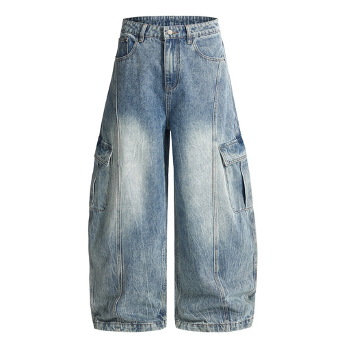 JIAMU American-style multi-pocket water print baggy jeans unisex relaxed wide-leg shears work pants for men and women