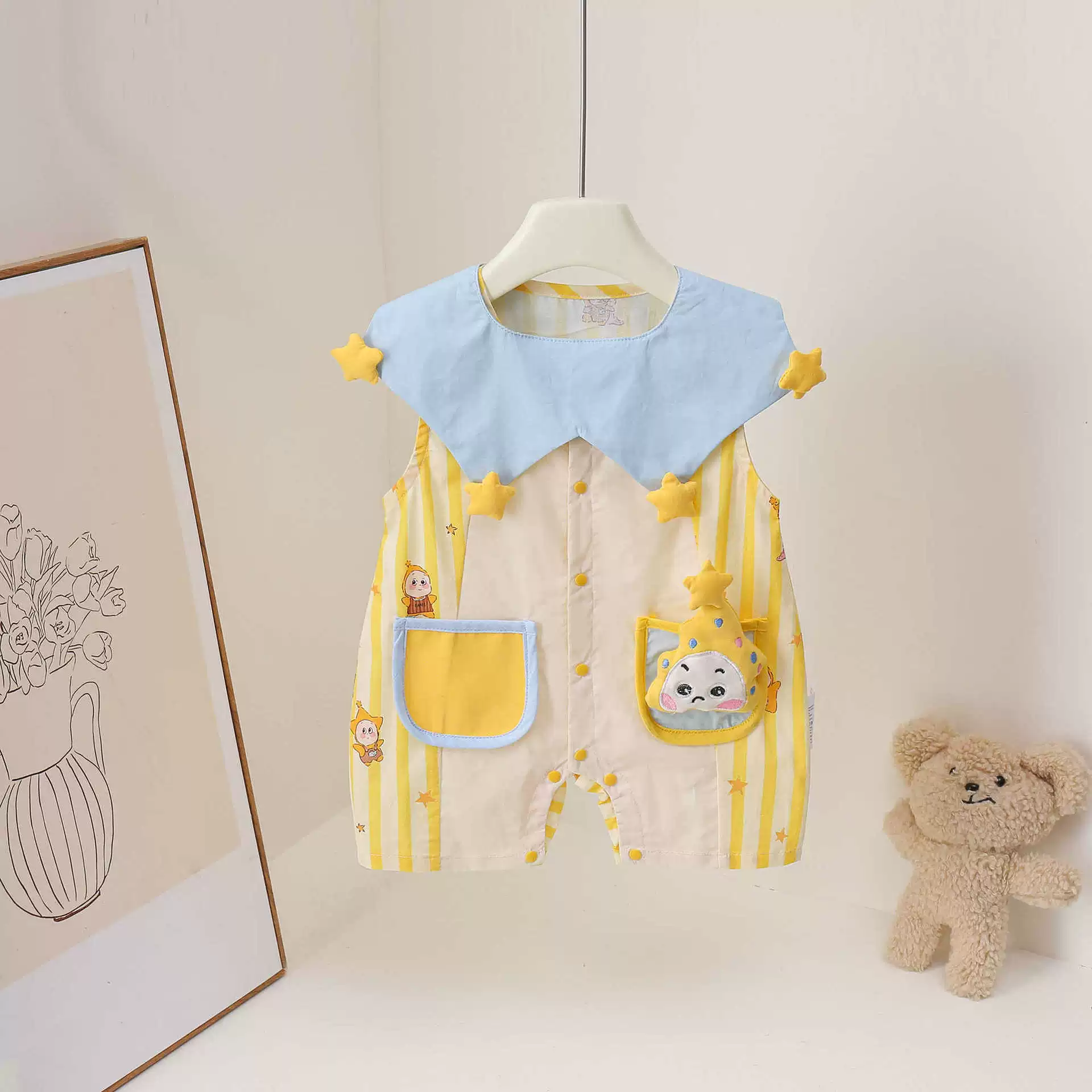 Детский летний тонкий комбинезон, летняя одежда, милый bodysuit для выхода без рукавов, западный стиль