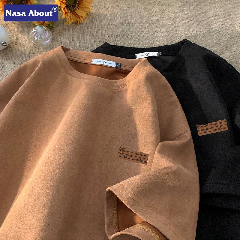NASA Brown Suede Heavy Small Collar Short Sleeve T-Shirt Men's Summer American Retro Fashion Brand Fashionable oversize NASA Brown Suede Heavy Small Collar Short Sleeve T-Shirt Men's Summer American Retro Fashion Brand Fashionable oversize