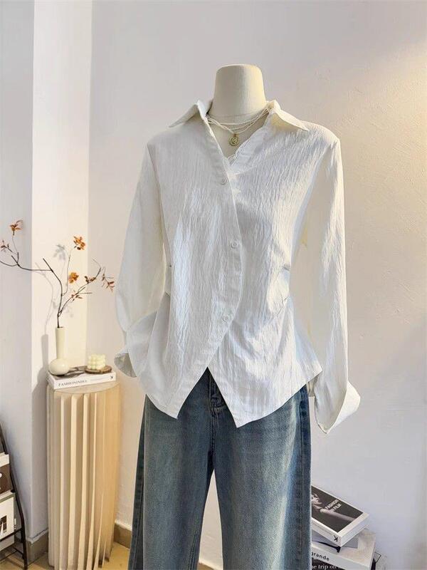 French Design Lace Splicing V Neck Long-Sleeved Shirt for Women 2025 Spring Lace-Up Waist Shirt Thin Top