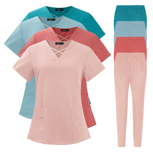 Foreign trade elastic quick-drying work clothes Doctor Nurse short sleeve summer thin comfortable breathable hand washing clothes two-piece set