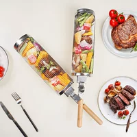 Клетка для гриля с деревянной ручкой, из нержавеющей стали, с роликовым механизмом, теплоизоляционная конструкция, круглая корзина для гриля.