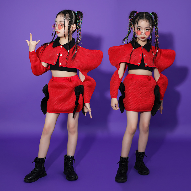 Girls kids red hip-hop street dance costumes gogo dancers fashion girls model show runway personality dance performance outfits