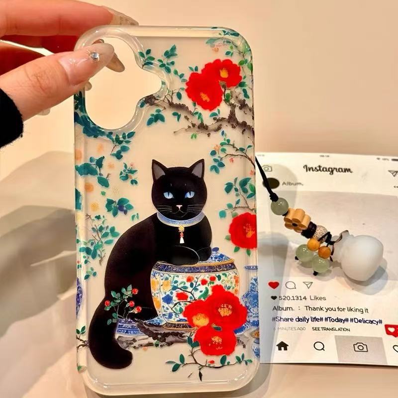 Ilustración creativa de celadón de flor roja de hoja verde para Apple 16promax funda para teléfono móvil para niña 15/14pro coreano 13