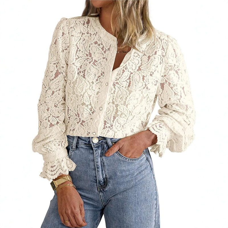48-Hour Delivery Lace Long-Sleeved Button-Down Women's Shirt Spring and Autumn Fashion Top 48-Hour Delivery Lace Long-Sleeved Button-Down Women's Shirt Spring and Autumn Fashion Top