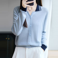 【厂家直供】早秋新款拼色翻领长袖开衫上衣女宽松减龄外搭针织衫