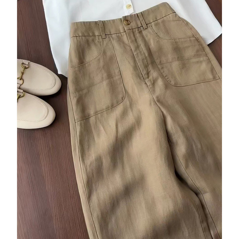 Old Money Style! Breathable and Comfortable! Khaki Tencel Linen Straight-Leg Pants for Women, Versatile Casual Pants, Thin Old Money Style! Breathable and Comfortable! Khaki Tencel Linen Straight-Leg Pants for Women, Versatile Casual Pants, Thin