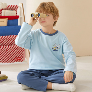 2025 New Cotton Children's Long-sleeved Pajamas Men's Spring and Autumn Long-sleeved Trousers Big Children's Pullover Children's Clothing Home Clothes