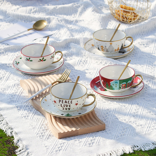 Ins Christmas Ceramic Cup and Saucer Amazon Bestseller Specialty Gold Plated Tea Set Christmas Gift One Pot One Cup