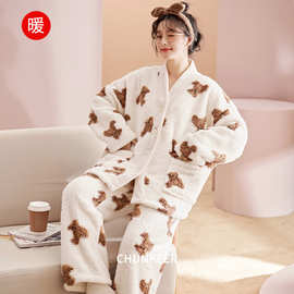 冬季珊瑚绒睡衣女秋冬和服领开衫加厚加绒法兰绒套装家居服可外穿