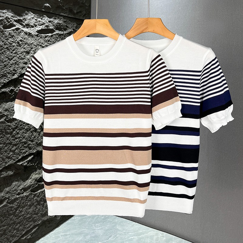 Herren-Strickpullover mit schmaler Passform, Streifenmuster, kurzen Ärmeln und Rundhalsausschnitt im britischen Business-Stil – cooles und elegantes Color-Blocking-T-Shirt für den Sommer_voghion.com