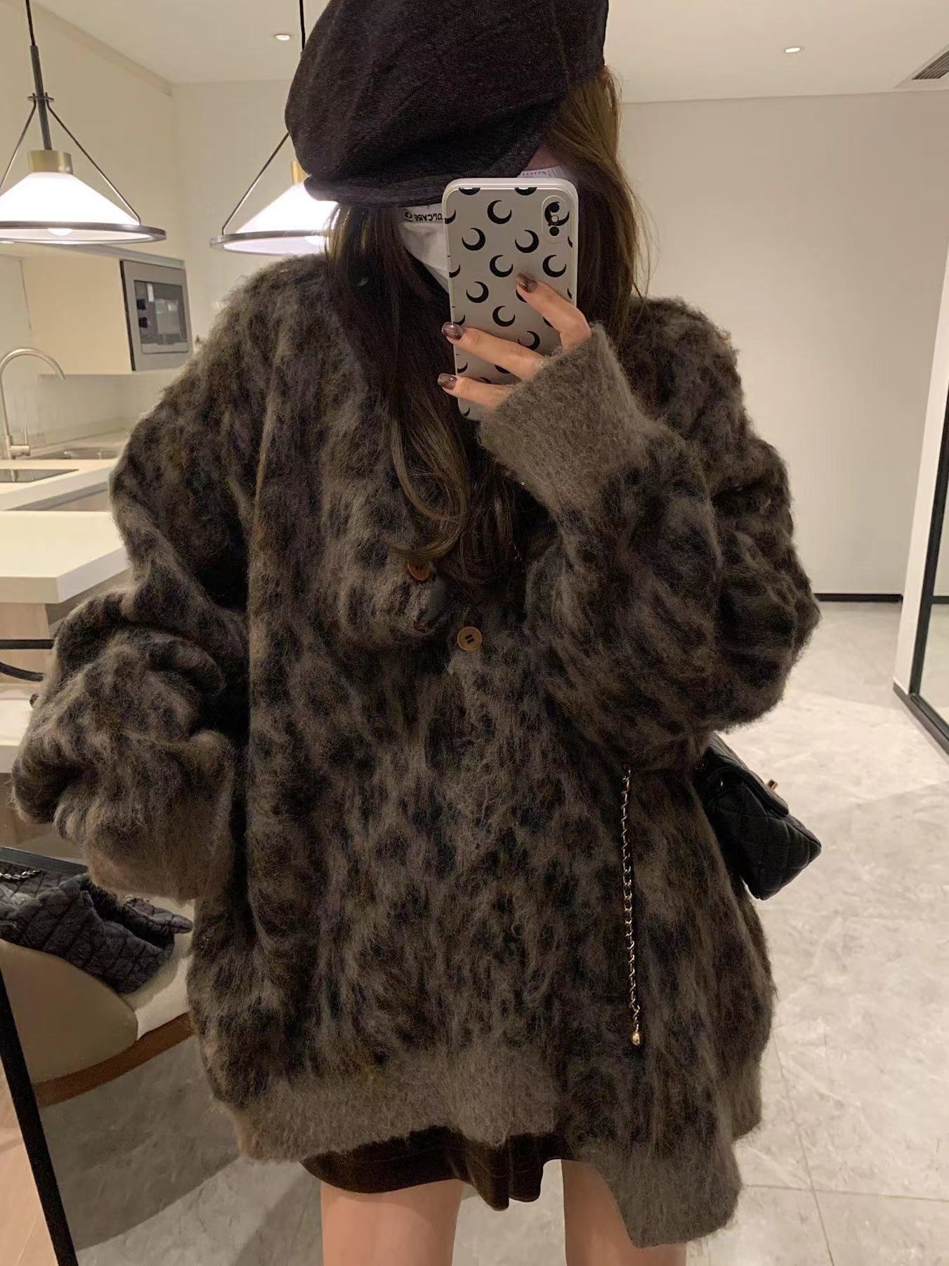 Cárdigan de Punto con Estampado de Leopardo para Mujer de Poliéster y Elastano Cuello redondo para Otoño e Invierno