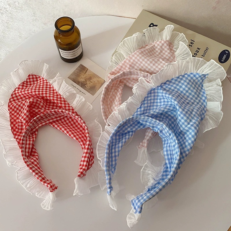 French blue gingham lace triangular scarf for women, head covering, pastoral style hair tie, high-end, travel and photography hair band, hair clip