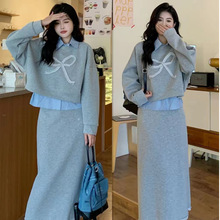 大码女装胖MM时尚套装2025秋季长袖POLO领卫衣高腰包臀半裙两件套