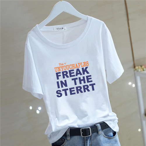 Comfortable Summer Pure Cotton Short Sleeve T-shirt for Women, Korean Style, Versatile Round Neck Letter Print Top, Basic Trendy