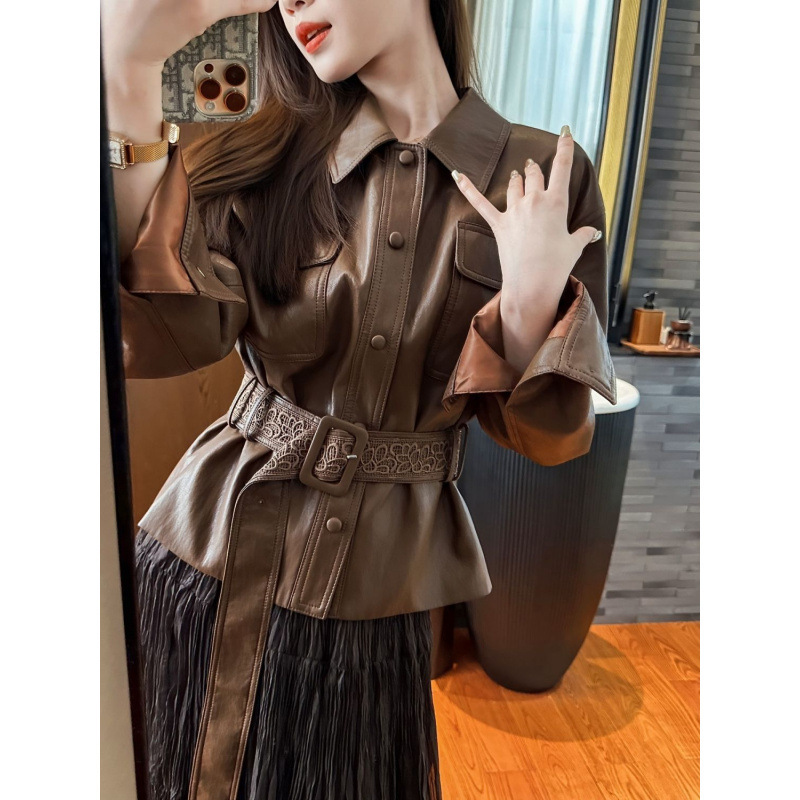 Designer leather jacket, new autumn 2025 fashion casual commuter top, high-end brown leather jacket Designer leather jacket, new autumn 2025 fashion casual commuter top, high-end brown leather jacket