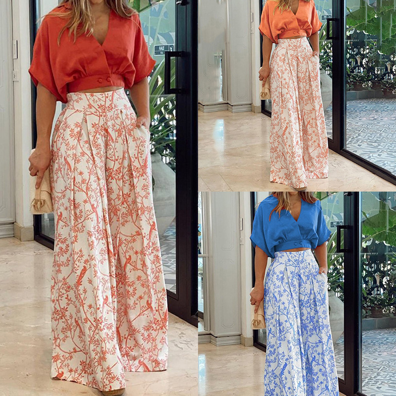 2026 Summer New Style Cross-Border European and American Foreign Trade Women's Clothing Casual Style V-Neck Printed Slim-Fit Short-Sleeve Long Pants Set