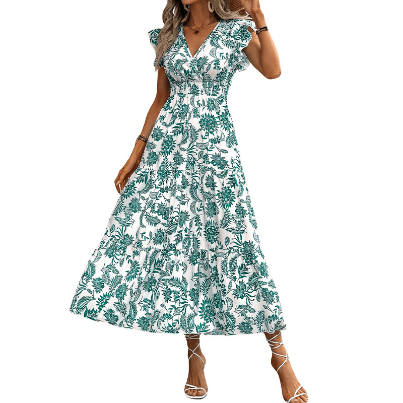Bohemian Floral V Neck Maxi Dress Summer Style Tiered Design Waist Cinching Perfect for Casual Outings Wholesale