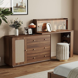 Antique Rattan Wooden Frame Dressing Table Bucket Cabinet Integrated Master Bedroom Retractable Corner Storage Makeup Desk