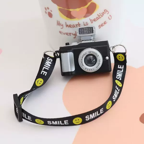 Plush Dog Doll with Smiley Face, Ribbon Strap, Mini Camera Pendant, Cartoon Camera Necklace Charm