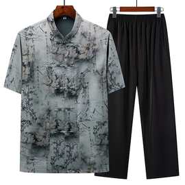 夏季宽松套装休闲短袖衬衫唐装冰丝爸爸中老年男装薄款中国风