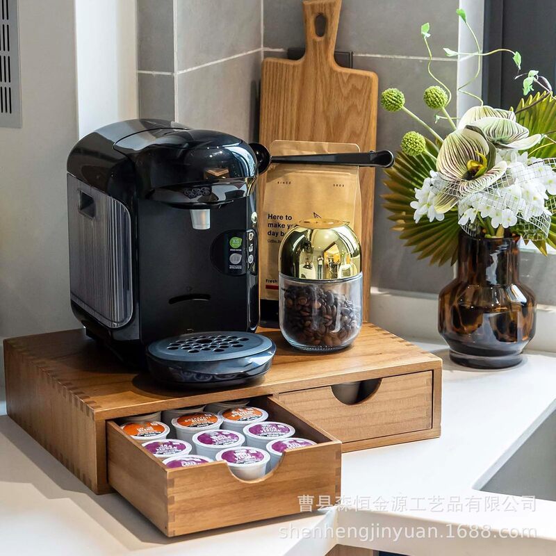 Wooden Coffee Capsule Storage Box Cross-border Desktop Double Drawer Tea Bag Storage Box Tea Room Coffee Machine Base Rack