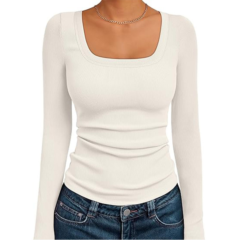 Amazon Women's Long Sleeve Shirt Square Neck Top Ribbed Knit Basic Girl's Crop Top Autumn Clothing