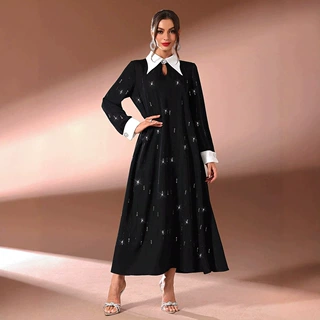 KY1588跨境女士POLO领纯色烫钻时尚撞色领口优雅长款长袖连衣裙