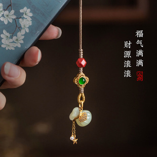 Fuqi full of sterling silver gold-plated Hotan jade bag mobile phone hanging chain high content imperial sand mobile phone pendant