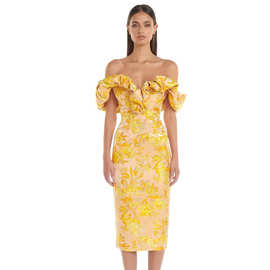 法式设计感修身一字肩收腰气质优雅黄色提花连衣裙名媛宴会小礼服