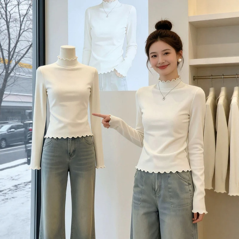 半高领木耳边长袖打底衫女2026春秋季新款螺纹纯色内搭修身上衣女