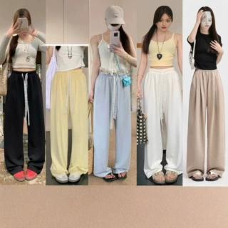 多巴胺奶油裤女夏季薄款小个子花边蕾丝绳垂感长裤高腰显瘦阔腿裤