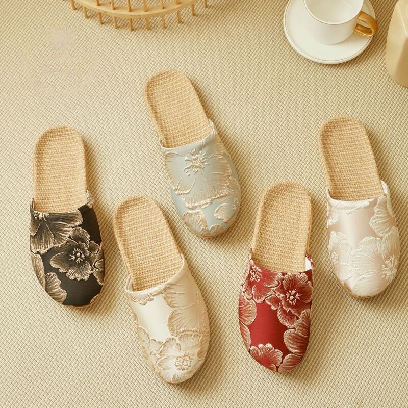 New Summer Linen Slippers for Men and Women, National Style Embroidery, Non-Slip, Home Indoor Couple Slippers, Thick Sole, Breathable