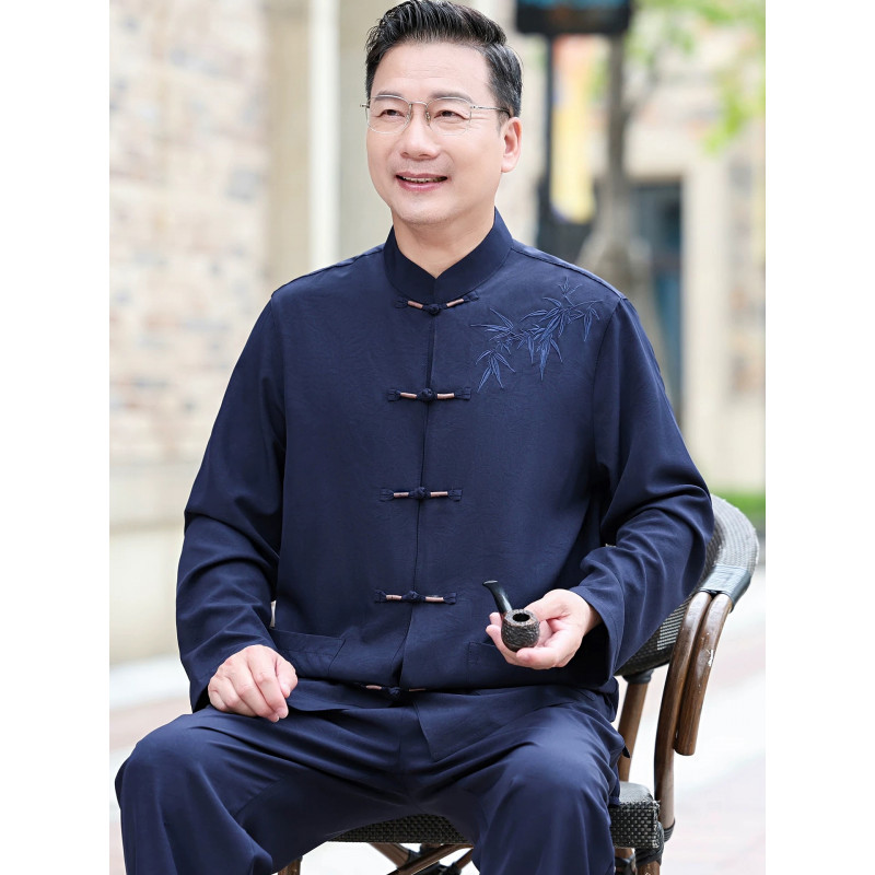 印花唐装男中式长袖中老年情侣男宴会爷爷夏季高品质套装衣服
