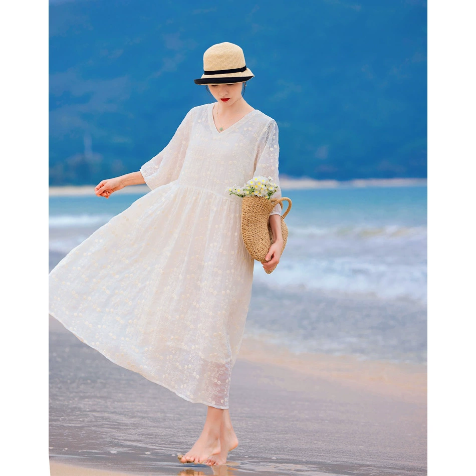 2023 Весна и лето Новое платье Рами с морщинистой текстурой Тяжелая промышленность Вышивка Фея Прохладное платье Платье с семью рукавами