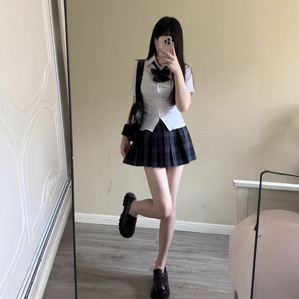 가시 토끼 원래 JK [후이] 격자 스커트 높은 허리 개 짧은 격자 스커트 탄성 허리 셔츠 세트 여성