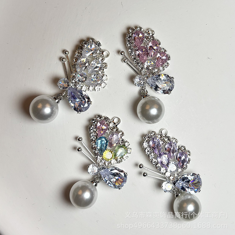 Senyi Jewelry Half-Wing Full Zirconium Butterfly Pearl Pendant Pendant Handmade DIY Mobile Phone Chain Jewelry Pendant Accessories