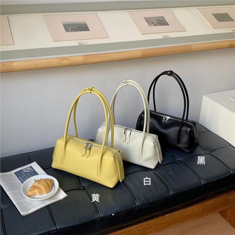 Top Grain Cowhide Lychee Grain Boston Pillow Bag For Women New Trendy Shoulder Crossbody Handbag Bowling Bag