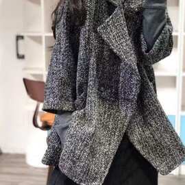 复古港风西装领毛呢外套女秋冬大码感气质宽松外搭中长款大衣