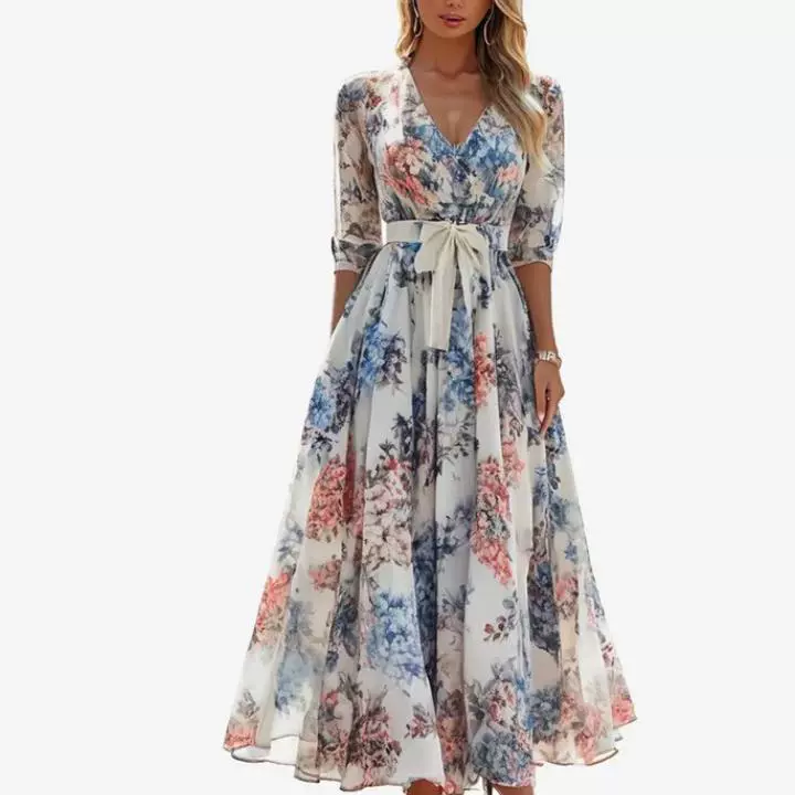 Летнее платье 2024 года с цветочным принтом, новинка, с V-образным вырезом, приталенное, с завышенной талией, для женщин, стройнящее, универсальное, свежее и модное.