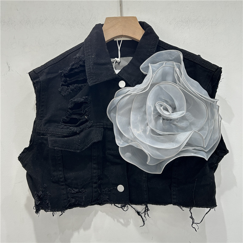 Personalidad europea agujero de bordes de lana chaqueta de vaquero chaqueta de mujer con flores tridimensionales 2024 nuevo clip de caballo corto image 9