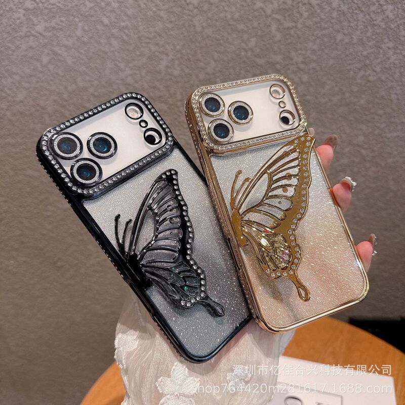轻奢闪粉水钻立体蝴蝶支架适用iPhone17PROMAX手机壳苹果16软壳15|undefined