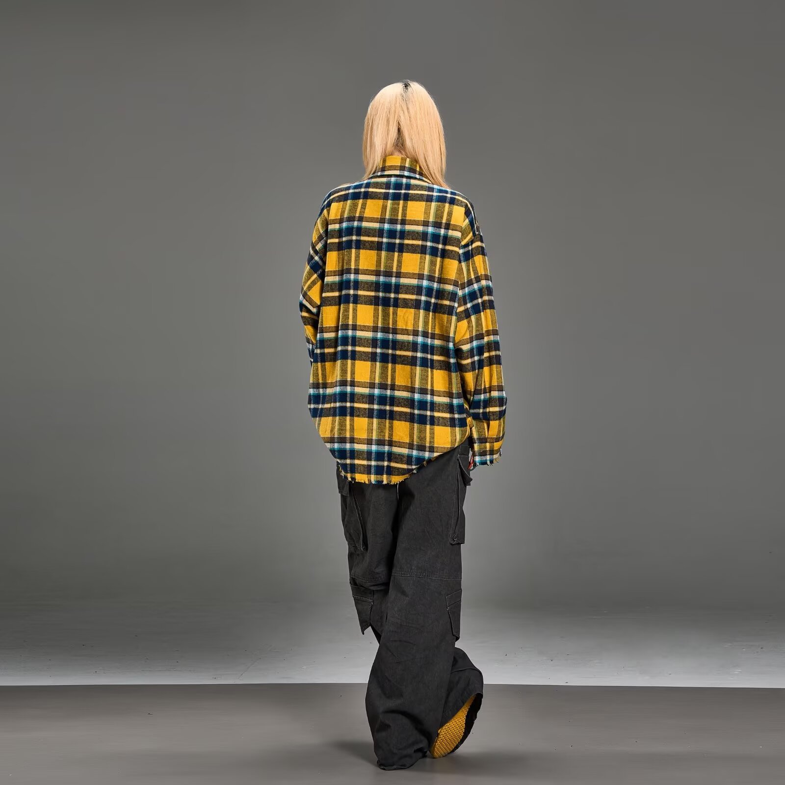 노란색 격자 무늬 셔츠 소녀 유행 하라주쿠 일본식 작은 신선한 느슨한 복고풍 캐주얼 긴팔 셔츠 자켓