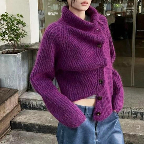 Autumn and winter lazy and high-end new style knitted cardigan soft waxy top for women Korean style irregular turtleneck sweater for women