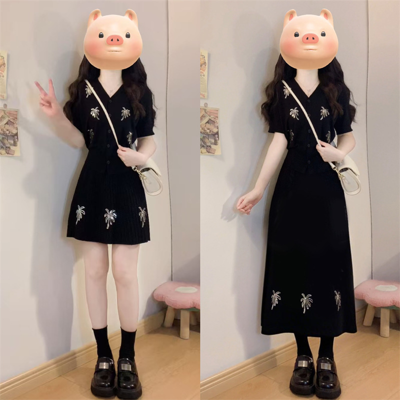 大きいサイズ花火半袖スーツ夏の新しいシンプルな花火スパンコール V ネックニットエレガントな気質スーツ|undefined