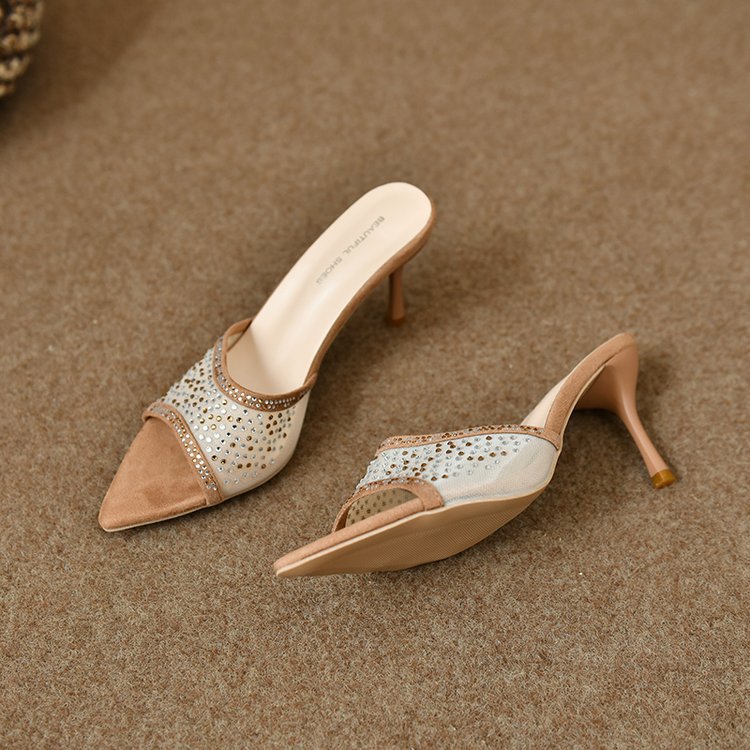 New open-toe pointed mesh rhine-diamond flip-flops female summer wear temperament stiletto heels sandals_voghion.com