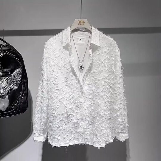 Trendy Chic Autumn Three-Dimensional Feather Korean Style Shirt for Couples, Men and Women, Fairy-Like Long-Sleeve Yuppie Shirt