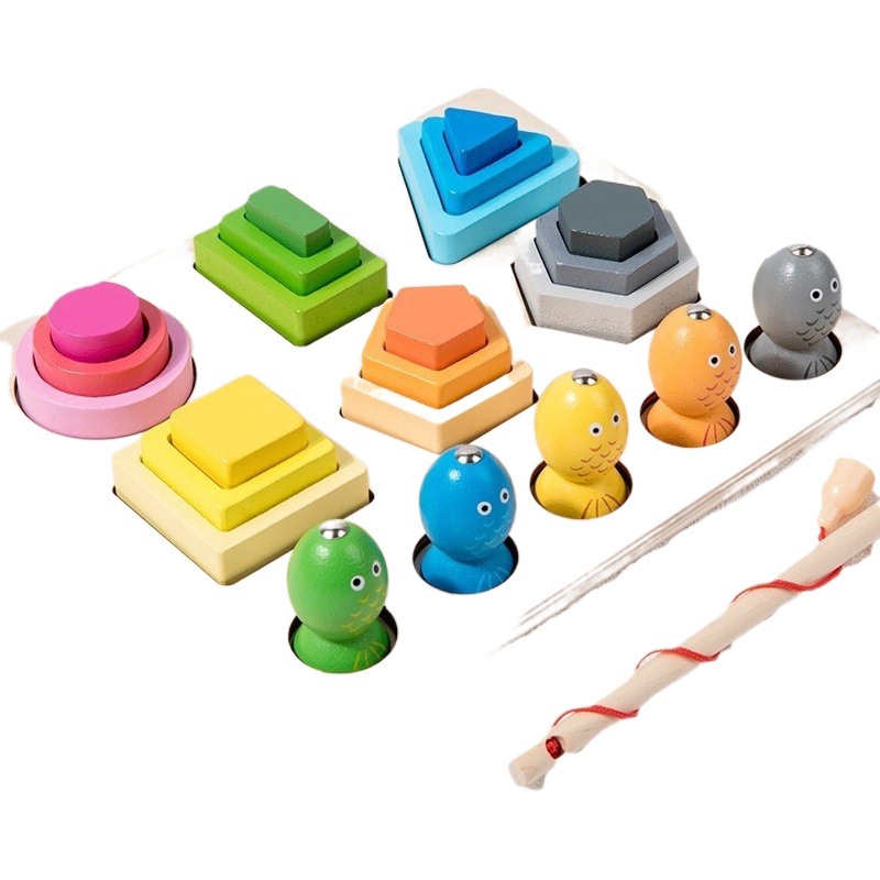 Forma geométrica de pesca magnética de madera a juego dos en uno conjunto de bloques de construcción de columnas coordinación mano-ojo juguetes educativos de educación temprana