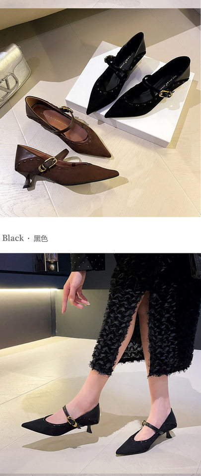 Giày cao gót nữ mũi nhọn quai ngang thiết kế chỉ khâu, gót vừa 3–6 cm — chocolate nâu, màu đen chi tiết 8
