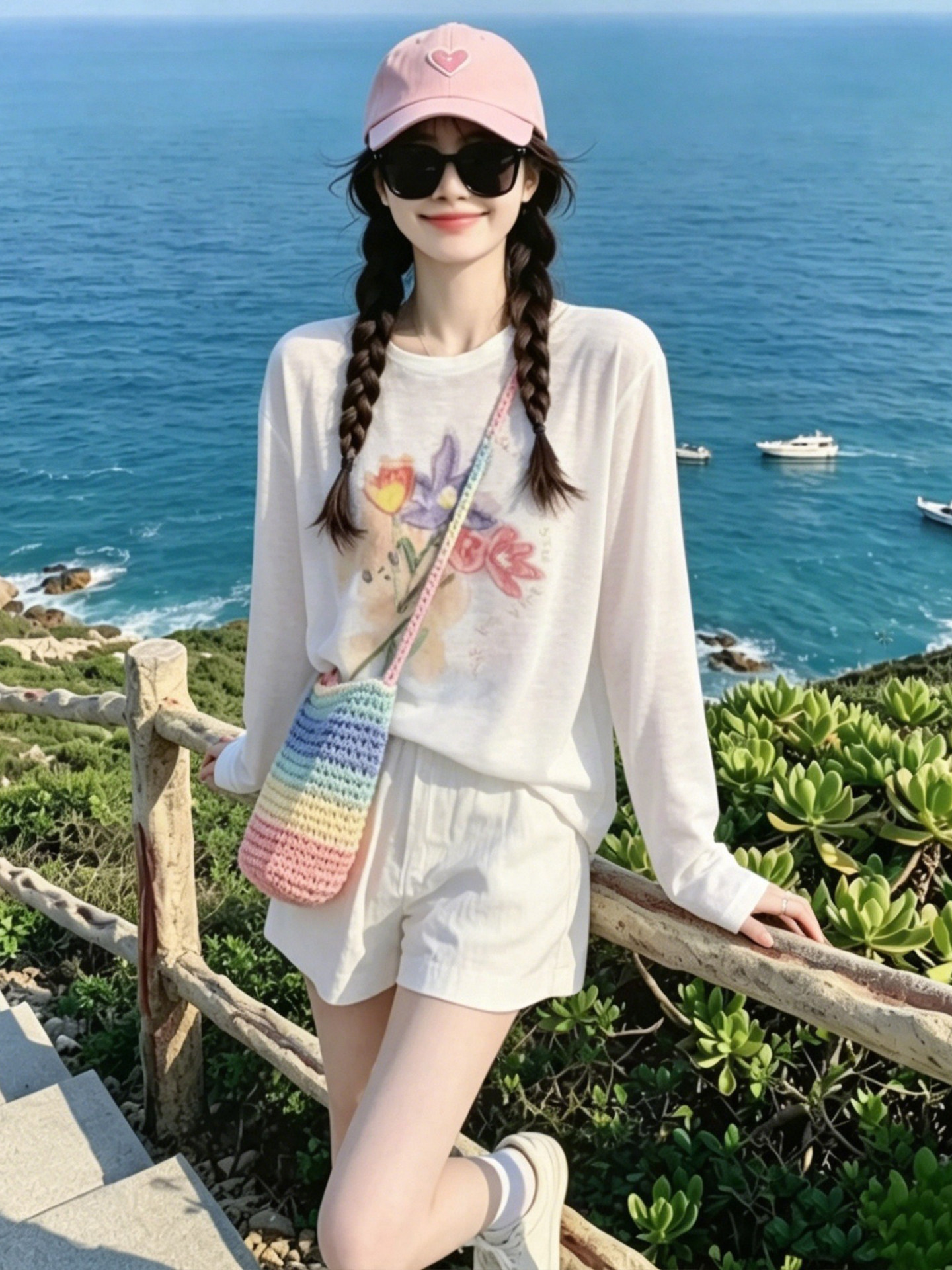 Áo thun tay dài nữ phong cách Hàn, in họa tiết hoa, kiểu chống nắng nhẹ — màu trắng
